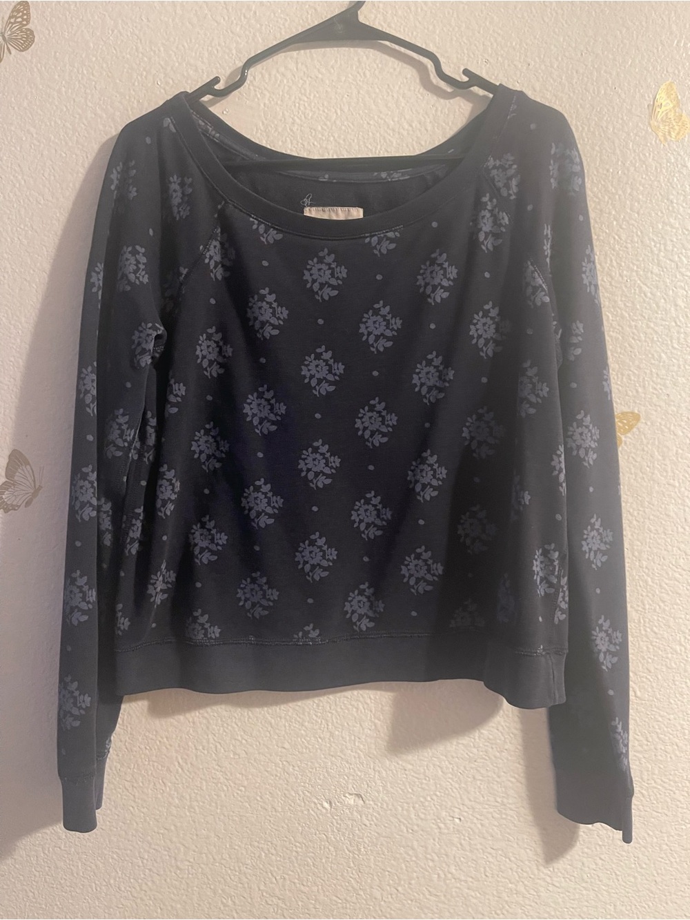 Gilly Hicks Navy Crewneck Sweatshirt with Light Blue Floral Print